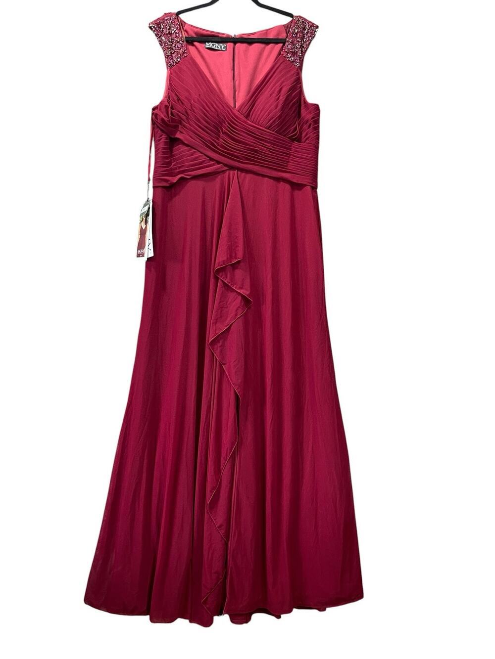 MGNY Chiffon Gown V Neck Burgundy Wine US 14 NWT Read Description